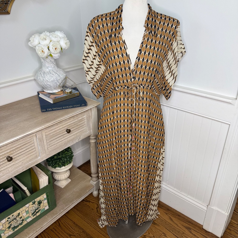 St. John NWT Whitney Mosaic Ecru Cinnamon Multi Geometric Print Midi Dress 12 - Picture 2 of 9